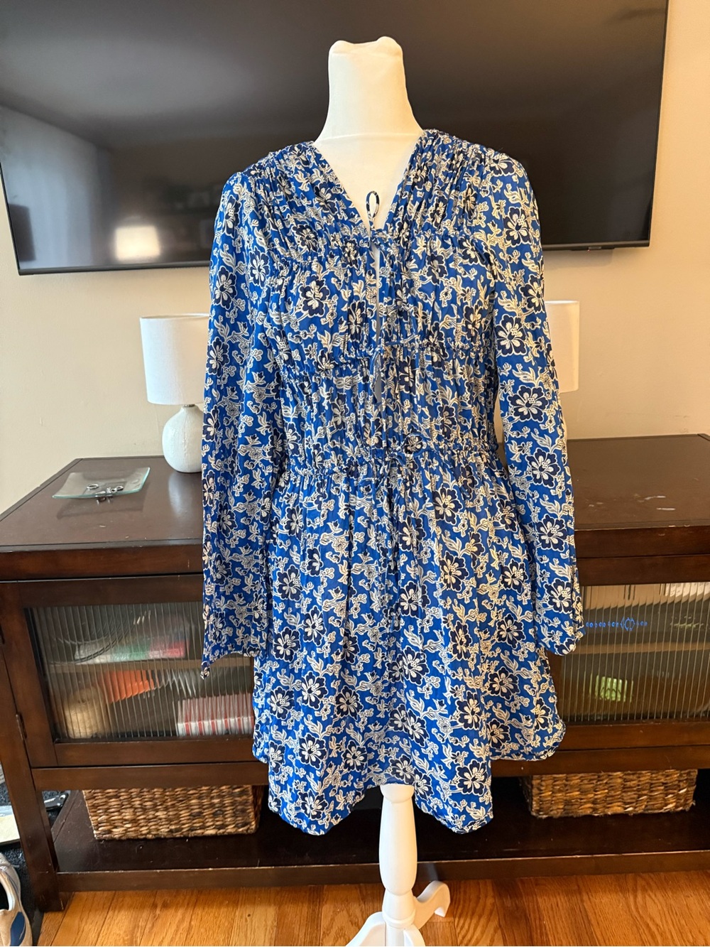 J. Crew Blue Floral Long-Sleeve Smocked Mini Dress